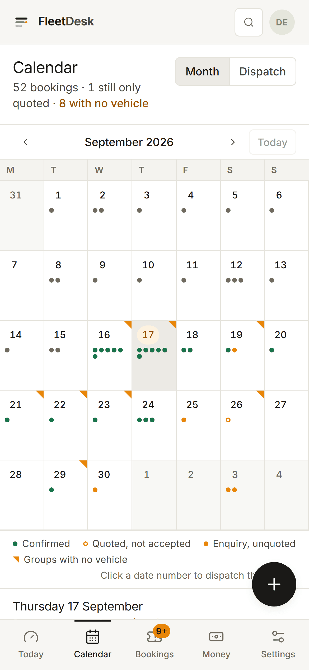 FleetDesk's calendar on a phone, in month view: a compact grid with a dot per day's bookings and an amber corner flag on any day with unassigned work, the selected day's detail listed below it.