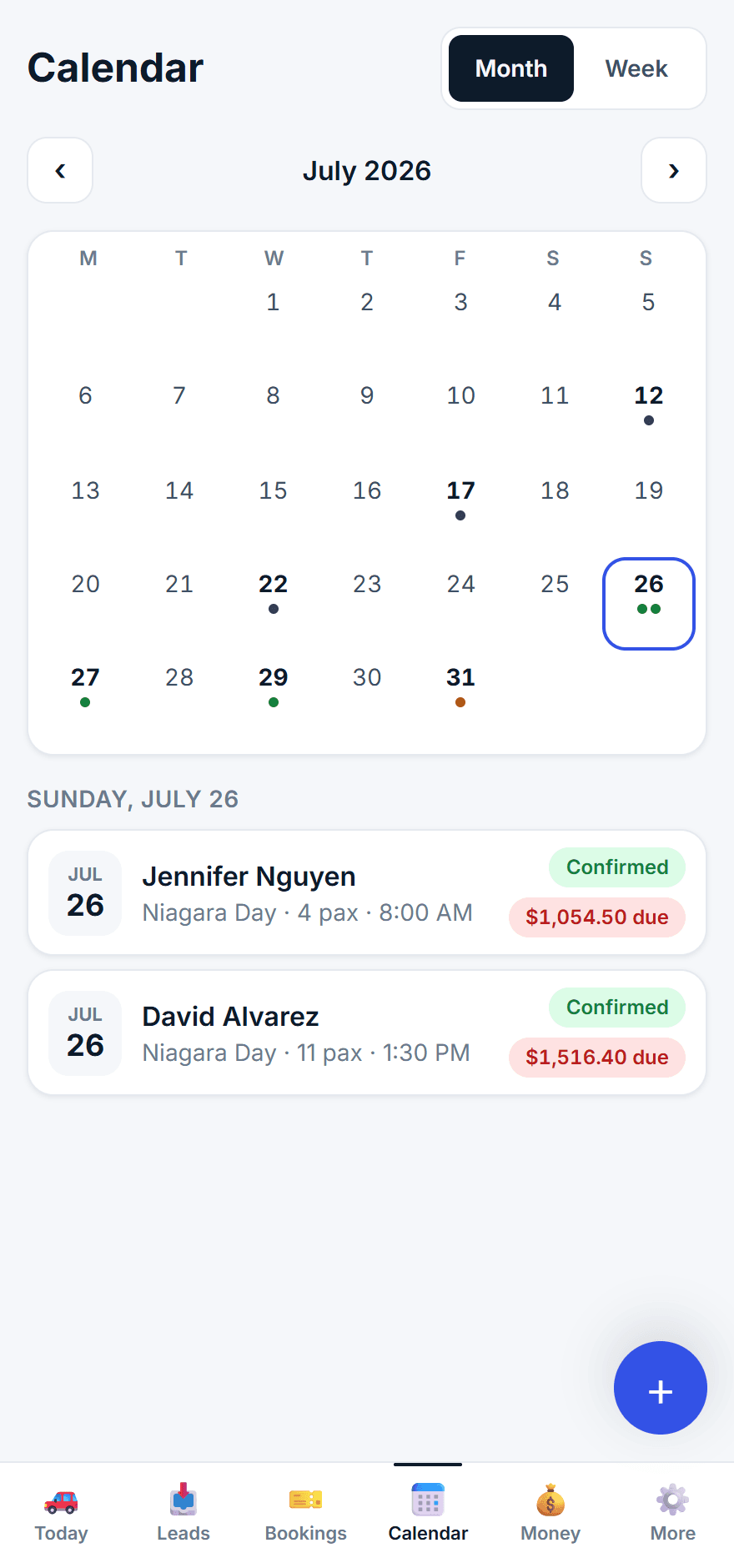 FleetDesk calendar — every booking by day with status and balance