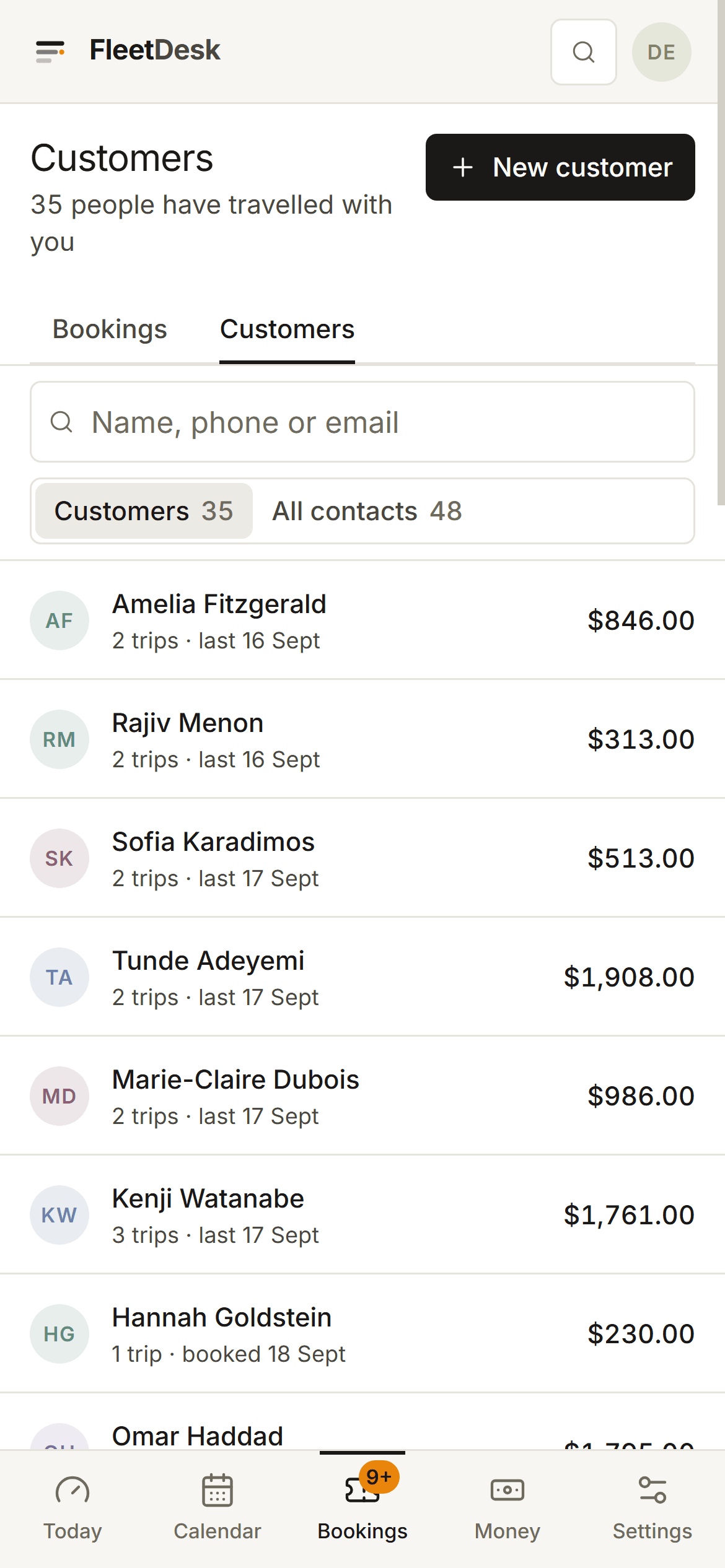The FleetDesk customer list on a phone: name, trip count, last trip date and lifetime spend stacked per card.
