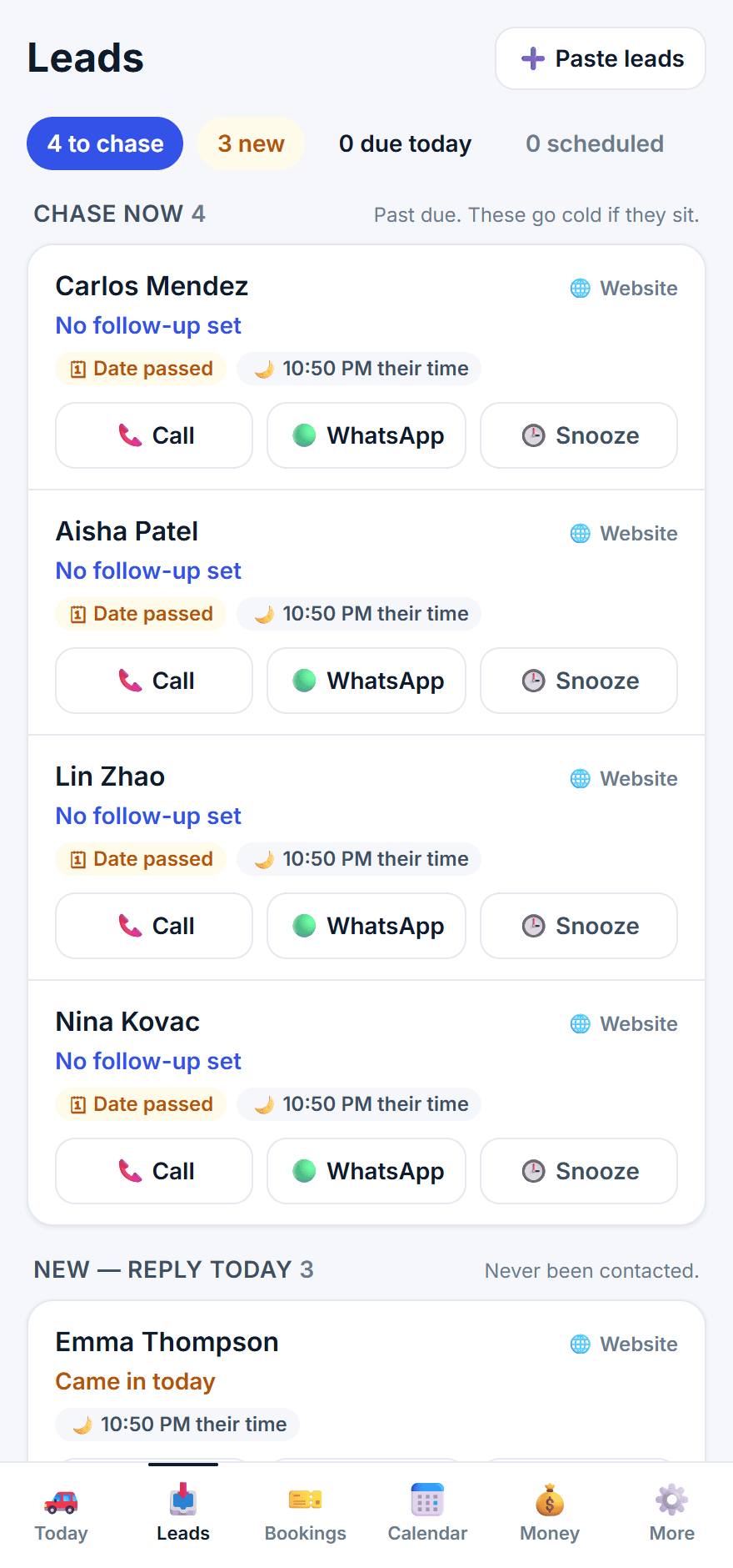 FleetDesk leads inbox — who to chase now and who came in today