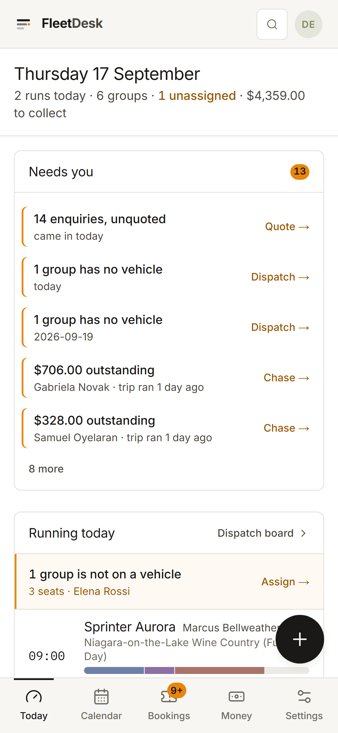 FleetDesk's Today screen on a phone: the day's runs and what needs attention — unquoted enquiries, groups with no vehicle, balances still outstanding — each in its own card with a one-tap action.
